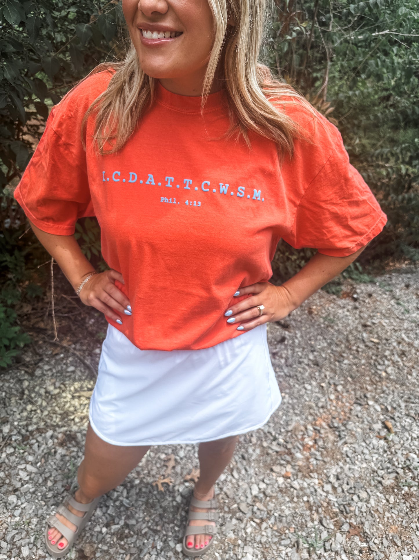 Phil 4:13 Bright Salmon Tee- Bluff Puff