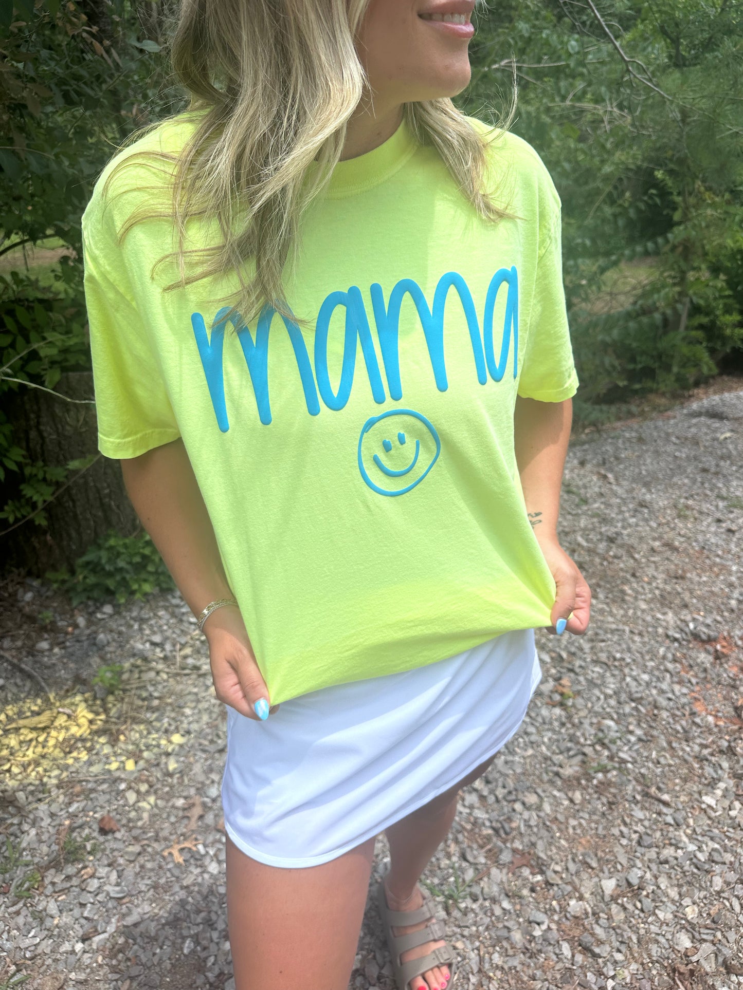 Mama Smiley Neon Yellow Tee- Bluff Puff