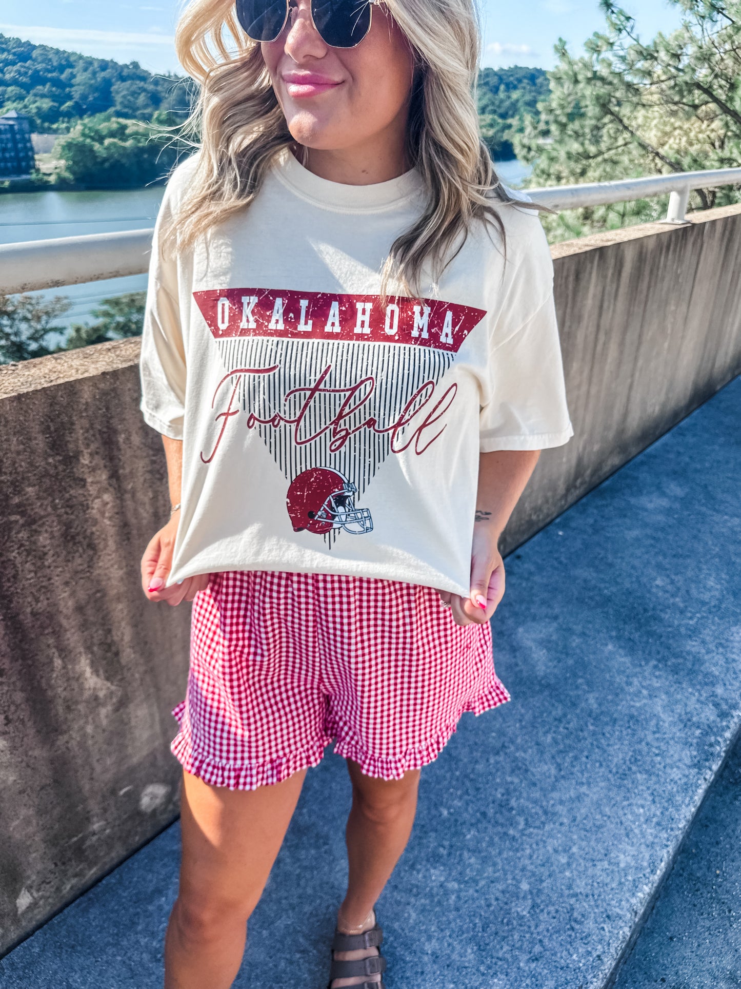 Oklahoma Stripe Football - Ivory Tee