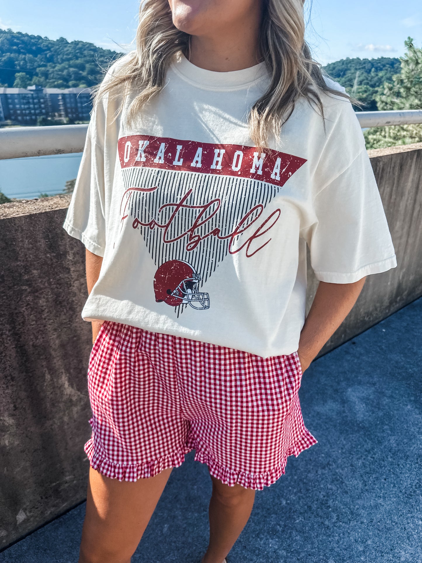 Oklahoma Stripe Football - Ivory Tee