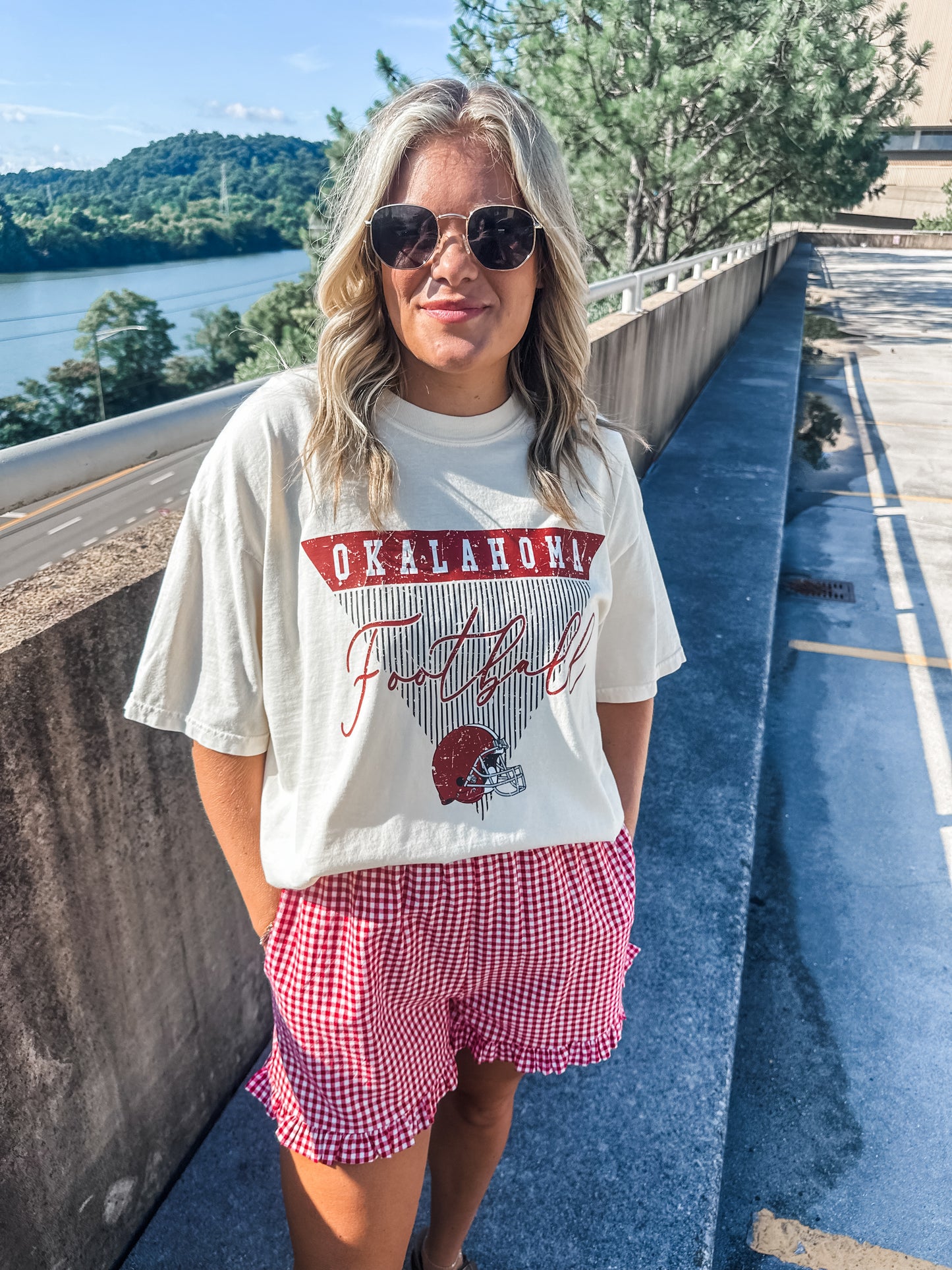 Oklahoma Stripe Football - Ivory Tee