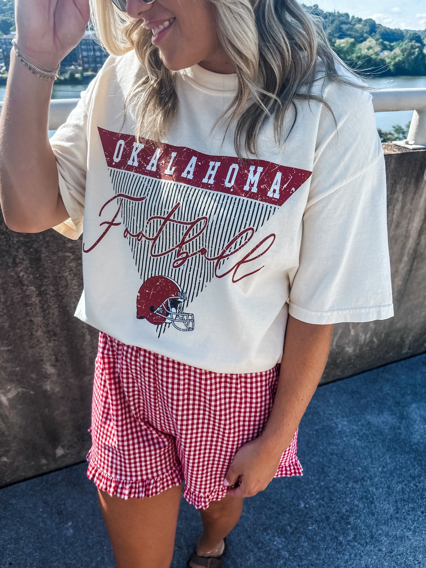 Oklahoma Stripe Football - Ivory Tee