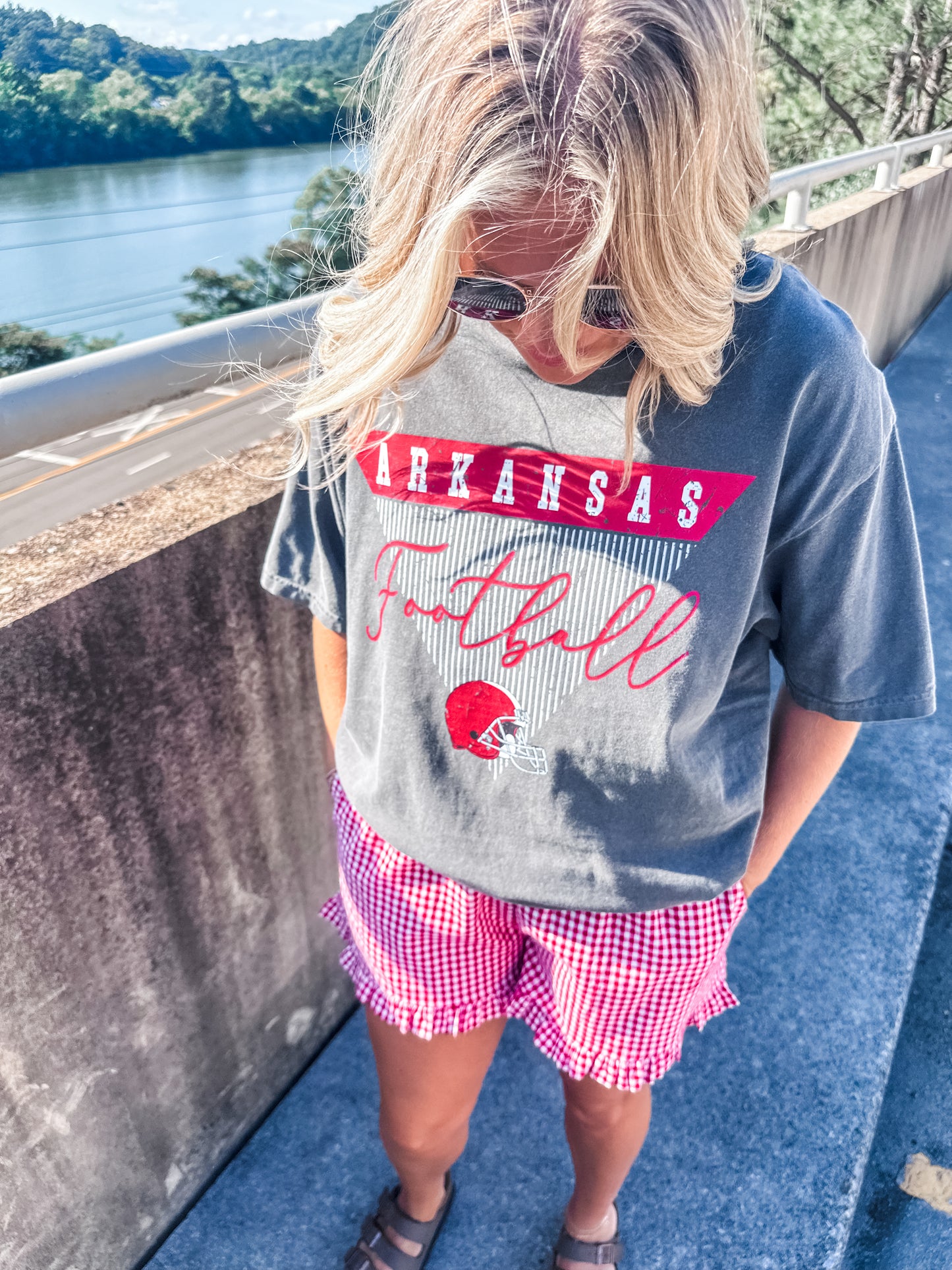 Arkansas Stripe Football - Pepper Tee