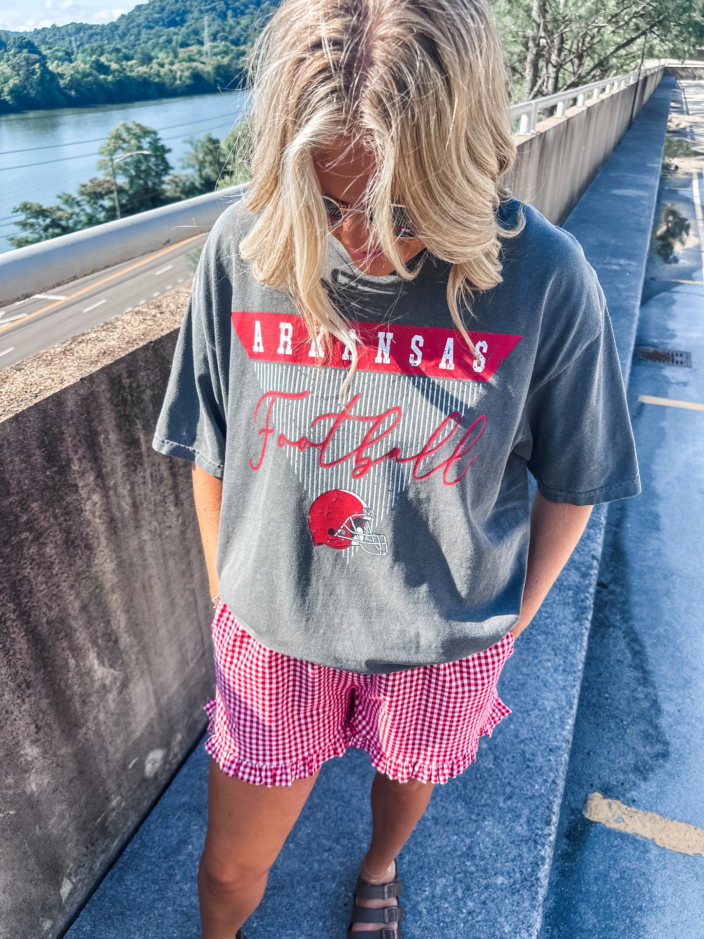 Arkansas Stripe Football - Pepper Tee