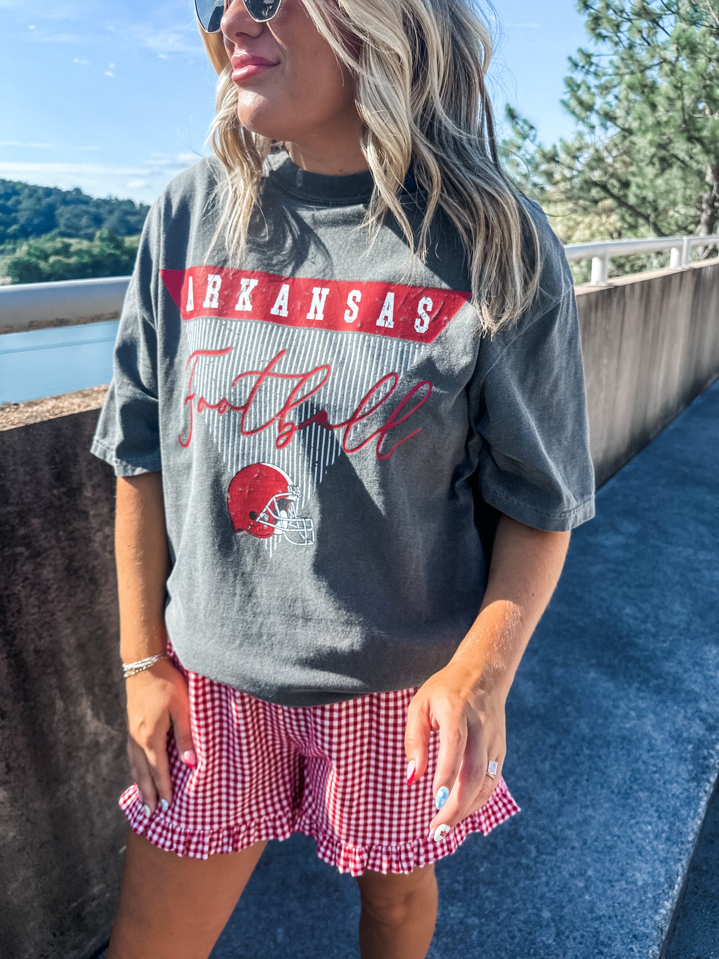 Arkansas Stripe Football - Pepper Tee