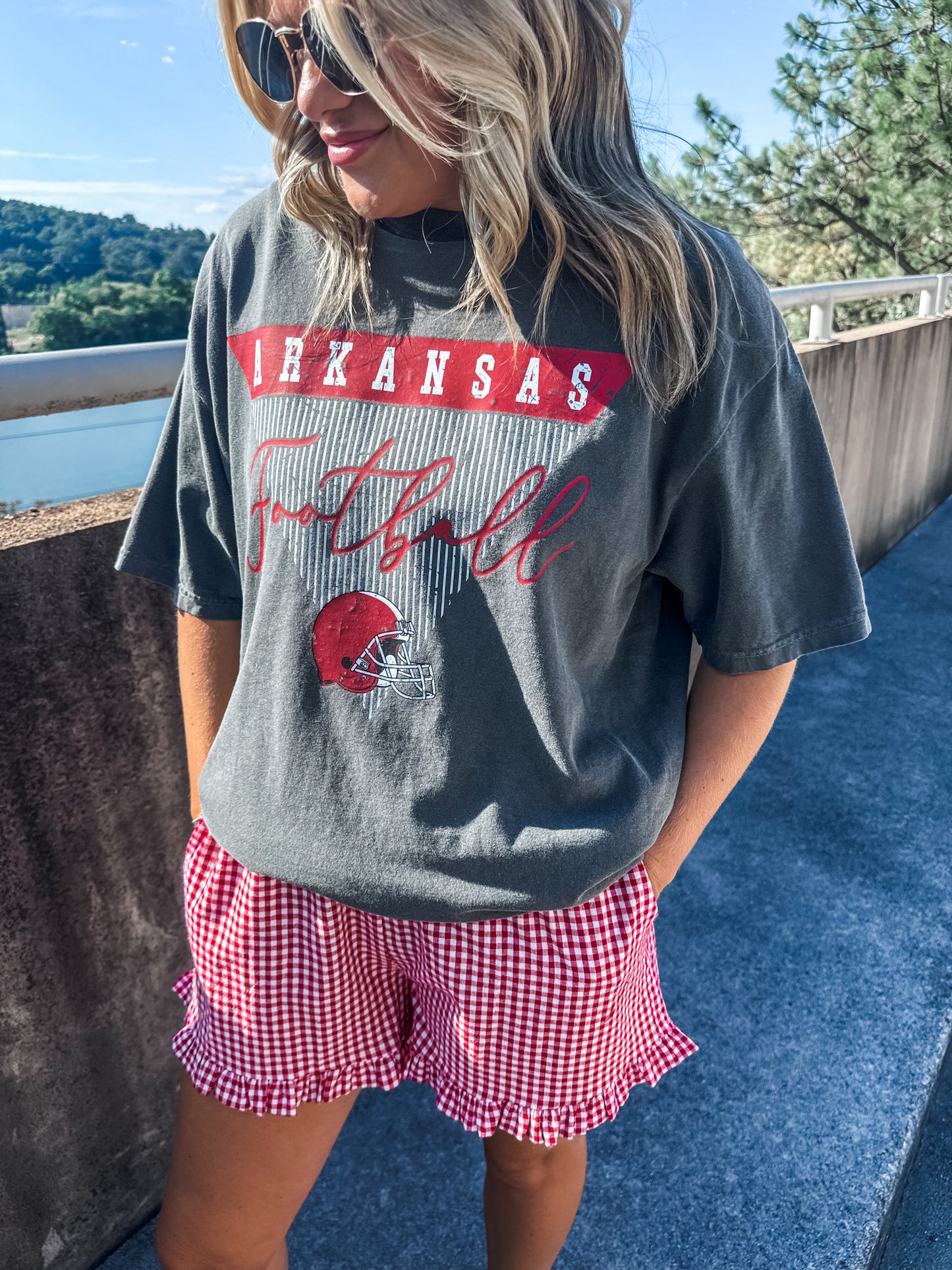 Arkansas Stripe Football - Pepper Tee