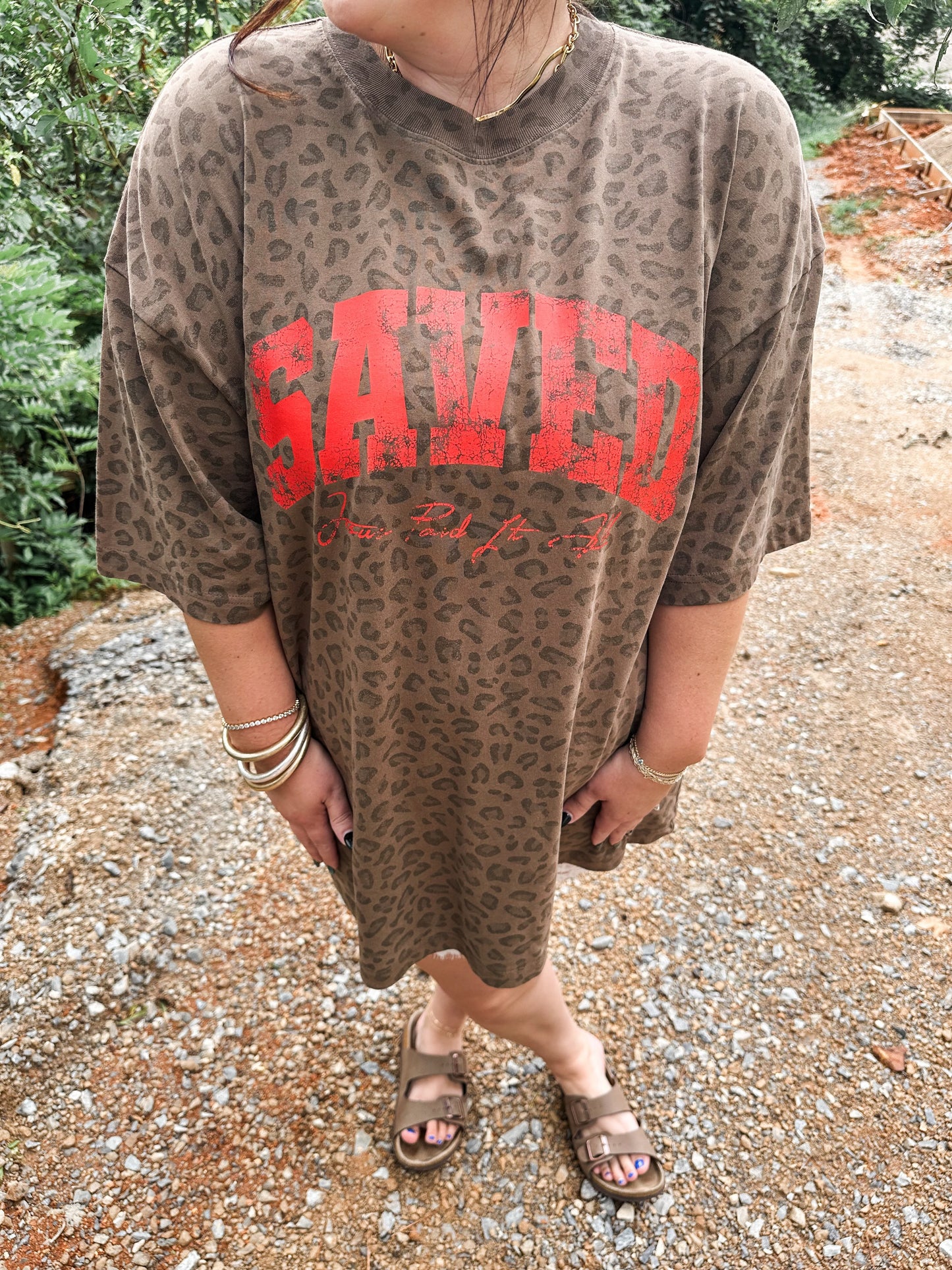 SAVED- Jesus Paid it All- brown leopard tee