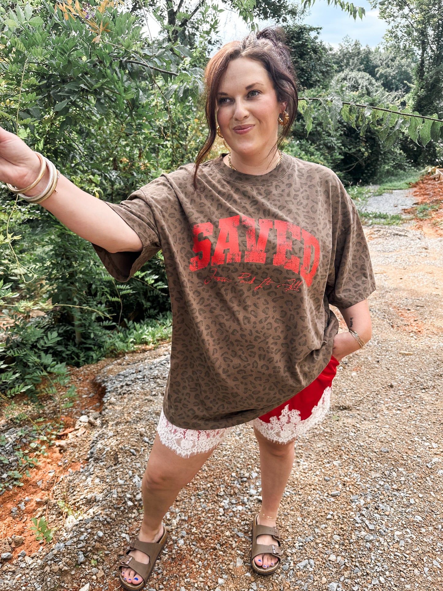 SAVED- Jesus Paid it All- brown leopard tee