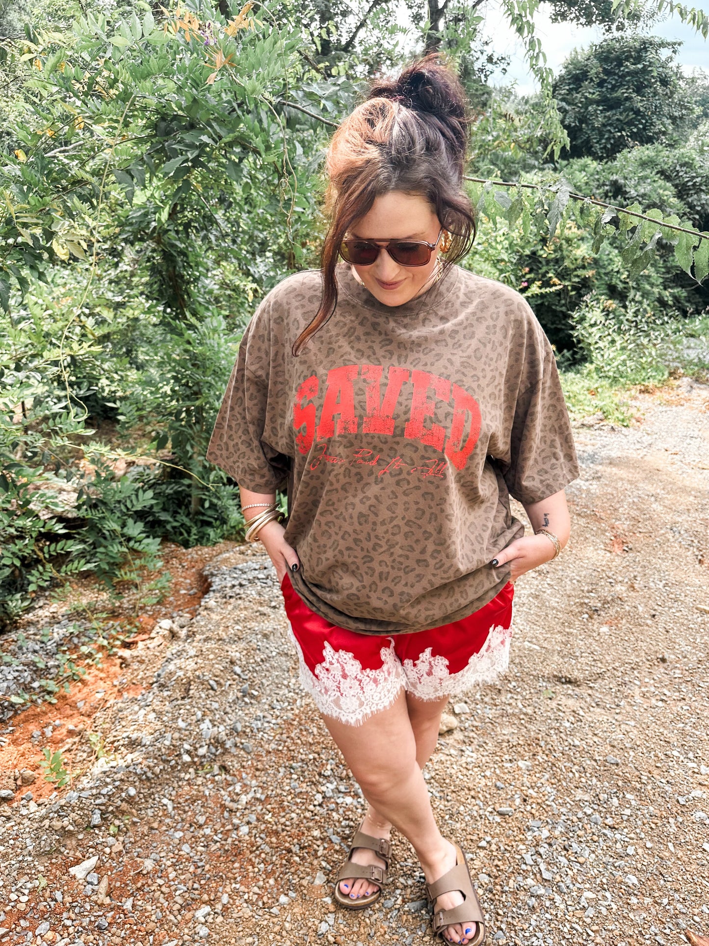 SAVED- Jesus Paid it All- brown leopard tee